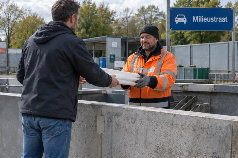 Een inwoner geeft hele tl-buizen aan een medewerker bij een milieustraat