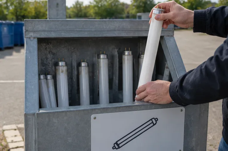 Een intacte tl-buis wordt voorzichtig in een metalen inzamelvoorziening voor fluorescentielampen geplaatst.