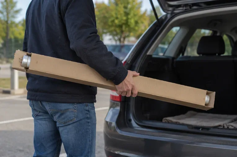Iemand draagt een lange tl-buis in een kartonnen beschermhuls naar de geopende achterklep van een auto.