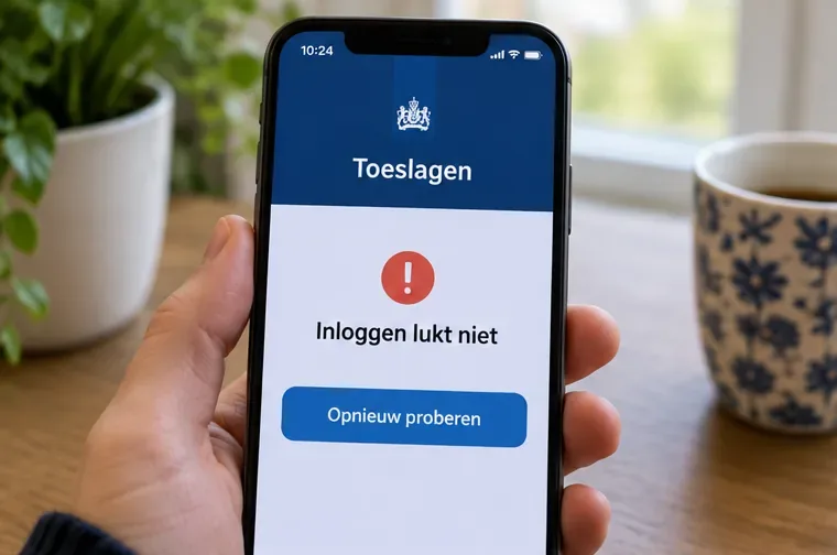 Vereenvoudigd mobiel scherm met de Toeslagen-app, een foutmelding bij inloggen en een knop om opnieuw te proberen