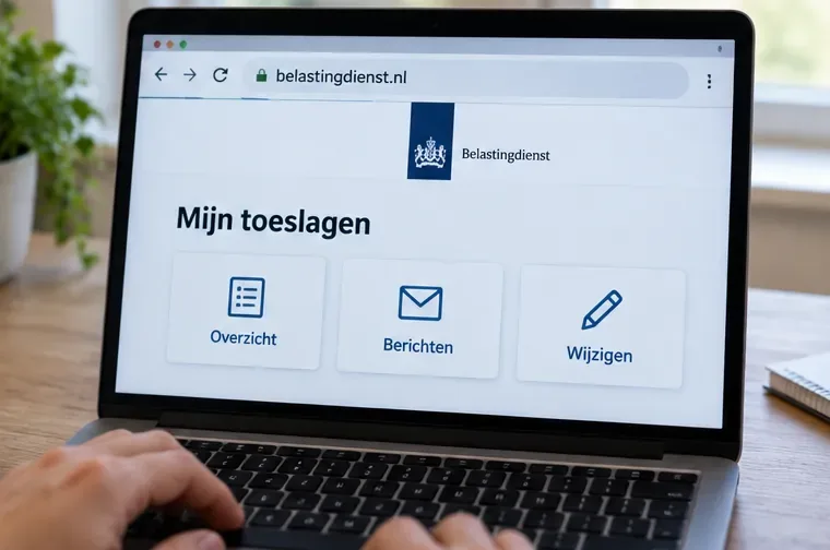 Vereenvoudigde browserweergave op een laptop met Mijn toeslagen en opties voor overzicht, berichten en wijzigingen