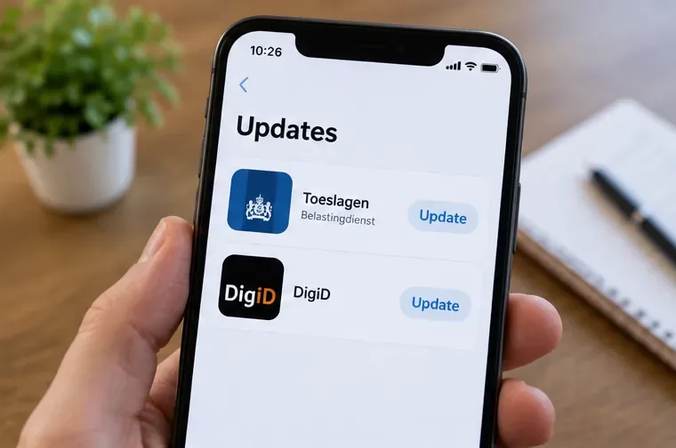 Vereenvoudigd scherm van een appwinkel met de apps Toeslagen en DigiD en knoppen om beschikbare updates te installeren