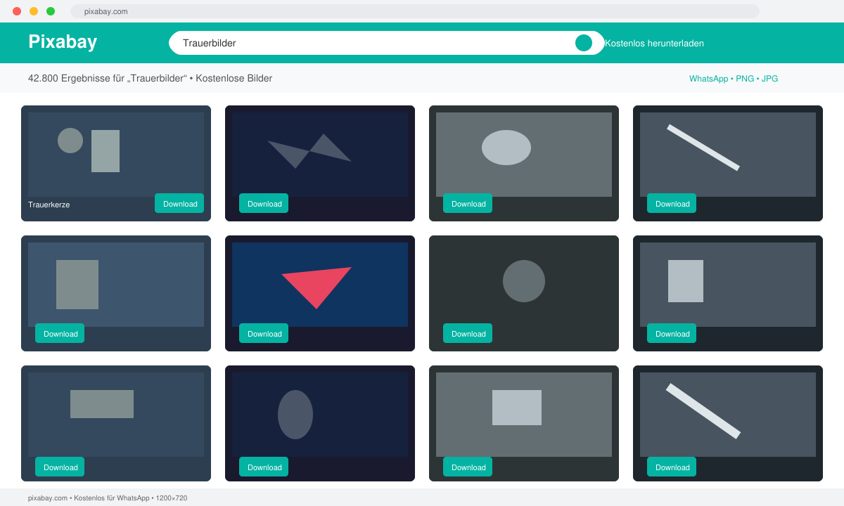 Screenshot der Pixabay-Suchergebnisse mit Trauerbildern und Download-Button