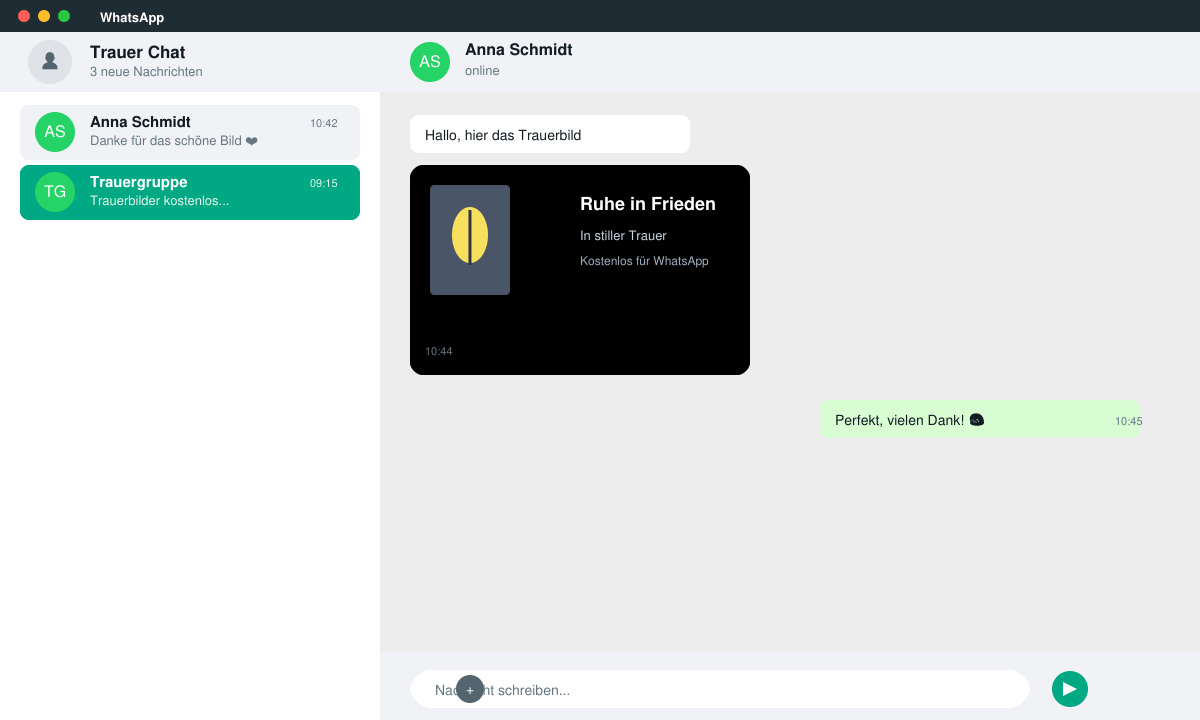 WhatsApp-Chat-Fenster mit einem Trauerbild und Textfeld zum Versenden