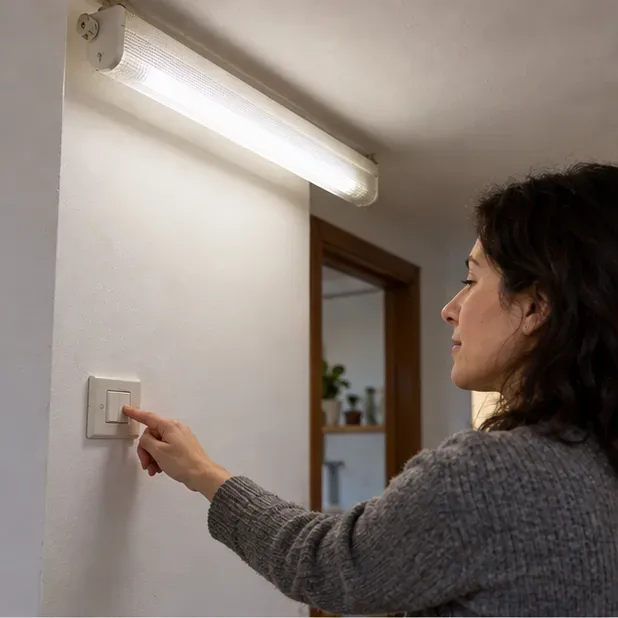 Una persona preme l’interruttore a parete sotto un apparecchio fluorescente lineare prima di intervenire sulla lampada.