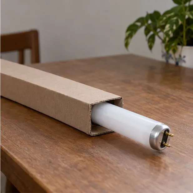 Un tubo fluorescente lineare integro è inserito parzialmente nella sua confezione di cartone rigida, appoggiata su un tavolo.