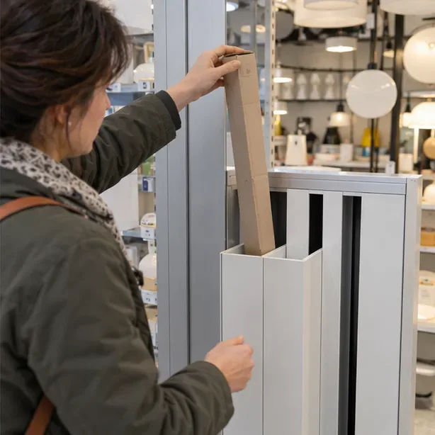 Una persona introduce una caja protectora larga con un tubo fluorescente en un contenedor específico de una tienda de iluminación.