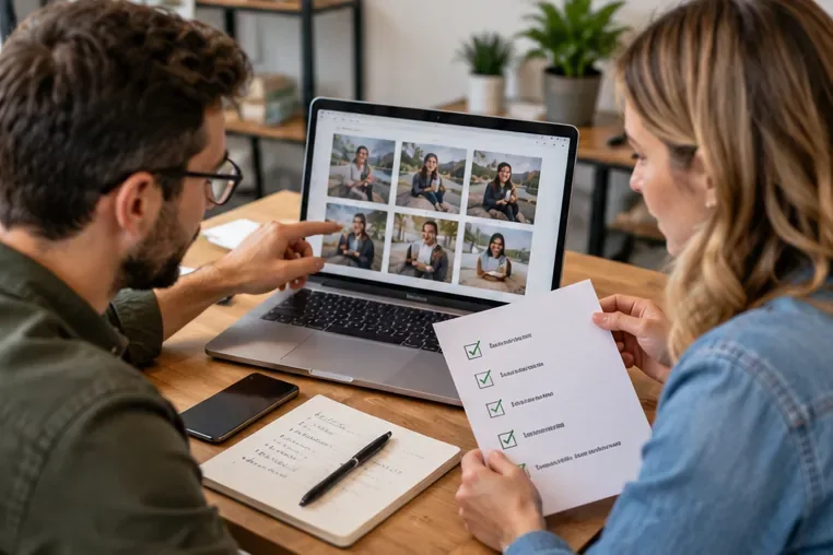 Two marketers review customer images on a laptop while checking a printed approval checklist and notes at a desk.