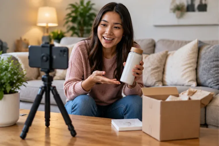 A woman records a product demonstration with a smartphone on a tripod while holding the product in a relaxed home setting.