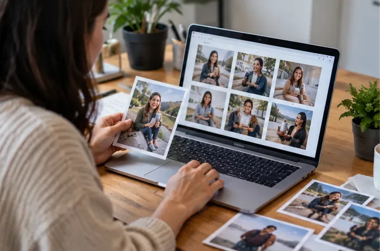 A marketer reviews customer lifestyle photos on a laptop while holding a printed image and organizing additional photo options on the desk.