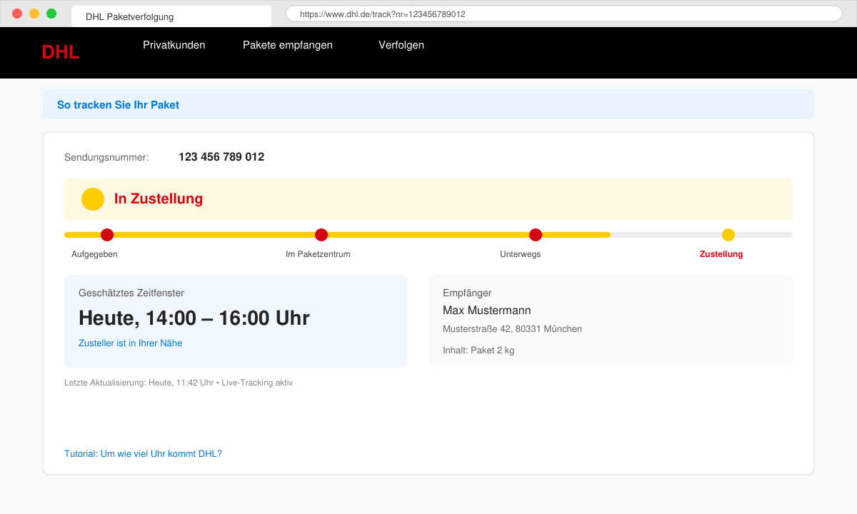 Screenshot of the DHL tracking page with a package status and estimated time window