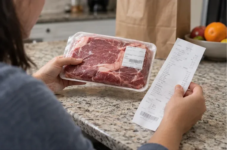 A shopper compares a raw meat package with a grocery receipt on a kitchen counter.
