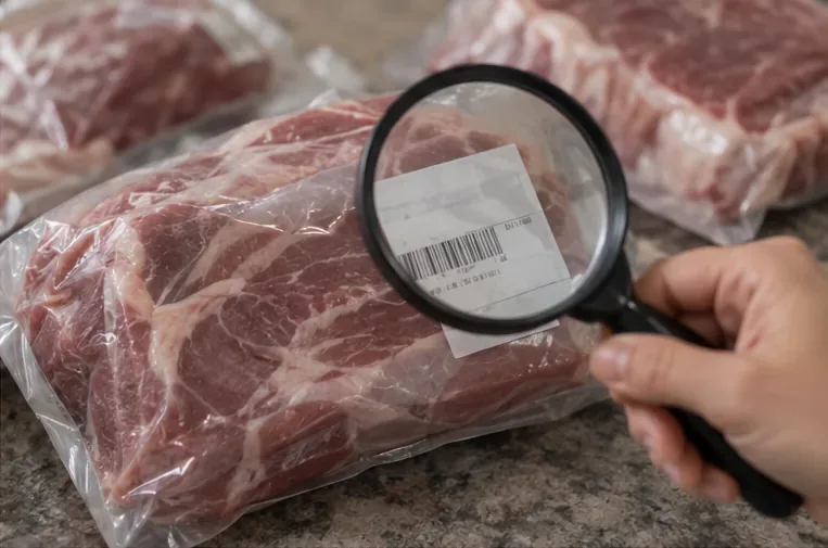 A close-up of a magnifying glass being used to inspect a label on a vacuum-sealed package of raw meat.