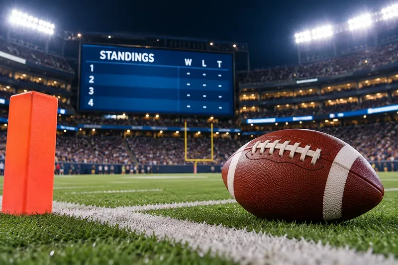 A football rests beside a sideline marker in a lit stadium, with a generic standings board showing W, L, and T columns in the background.