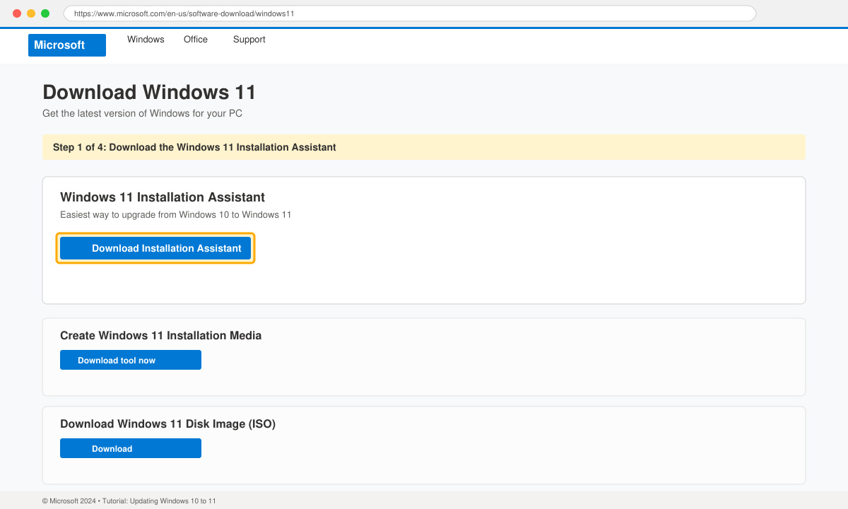 Screenshot of the Windows 11 Installation Assistant download page with the highlighted Download button