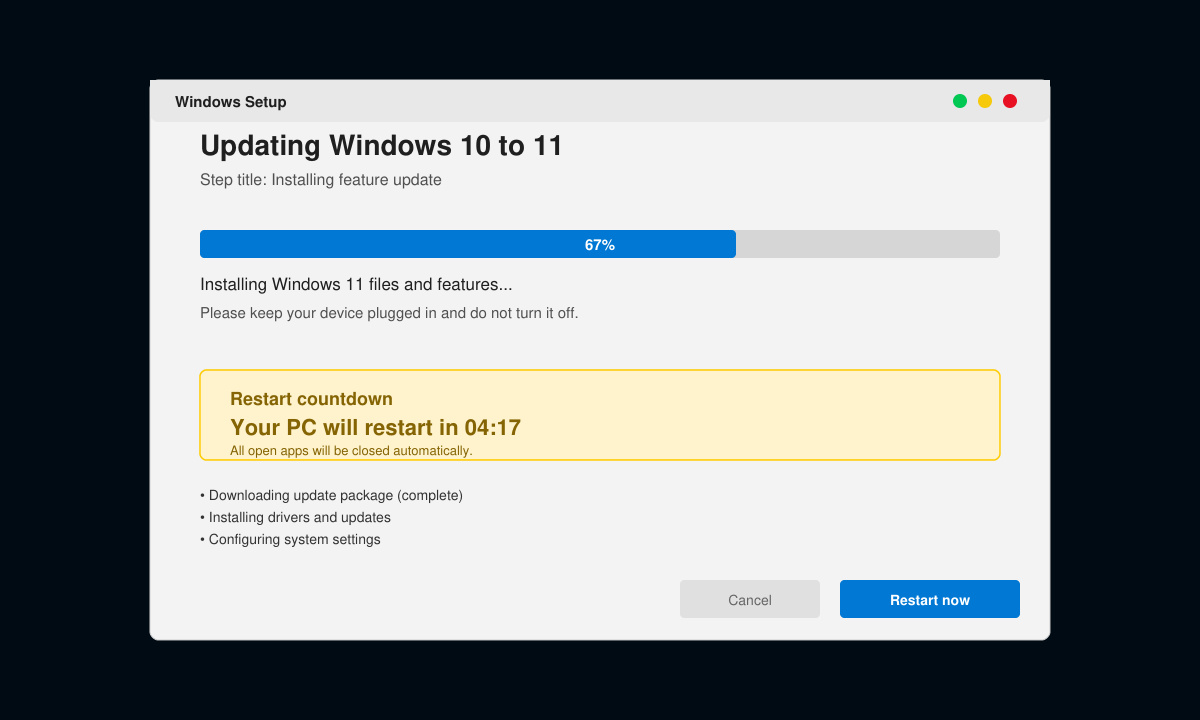Progress screen of the Windows 11 upgrade showing percentage complete and restart prompt