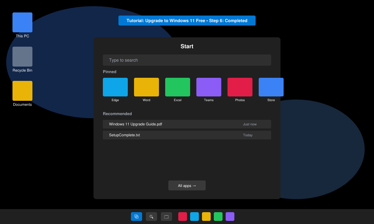 Final Windows 11 desktop after upgrade showing the centered Start menu and updated taskbar