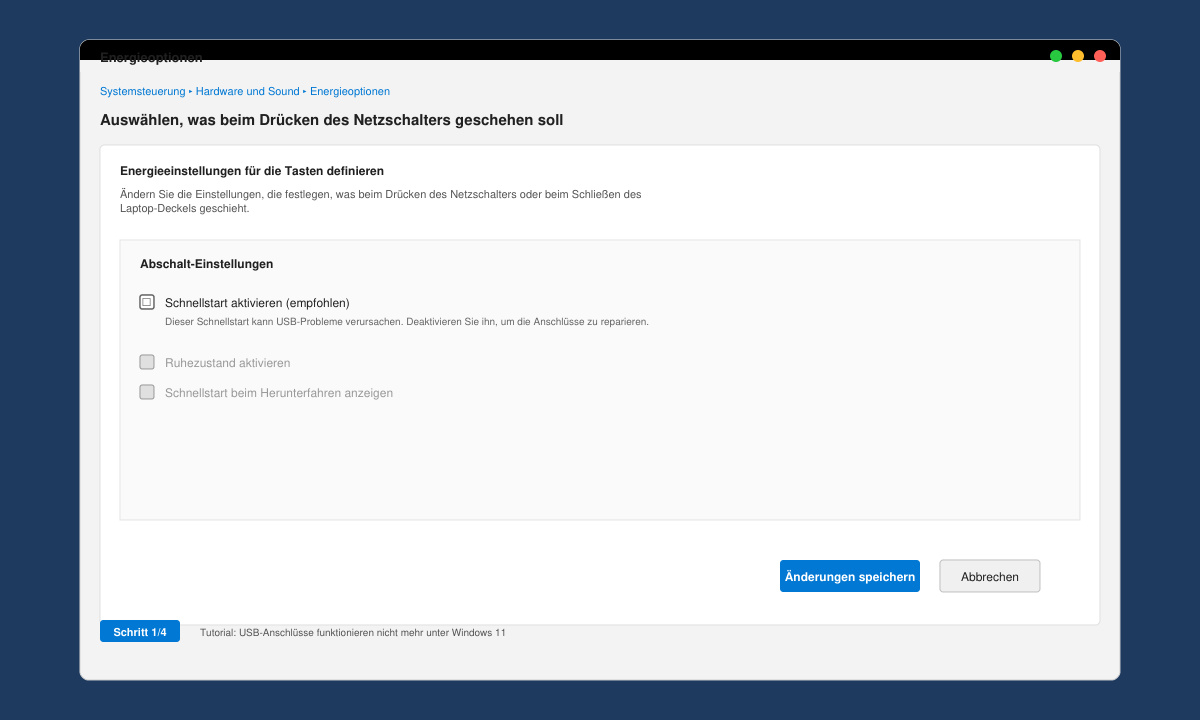 Schnellstart deaktivieren zur Behebung von USB Anschlüssen Windows 11