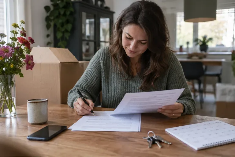 Een vrouw controleert verhuispapieren en een contract naast huissleutels aan een tafel.