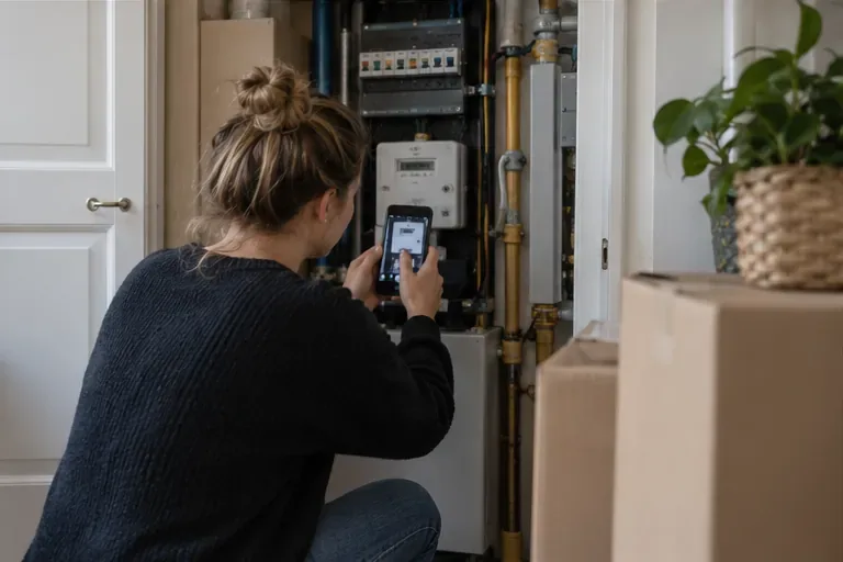 Een vrouw fotografeert met haar smartphone een meter in de meterkast van een woning.
