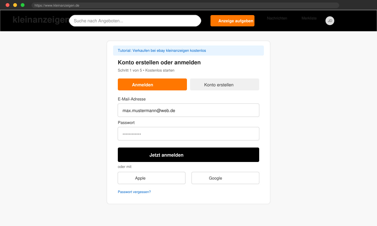 Anmeldeformular auf der Kleinanzeigen-Website