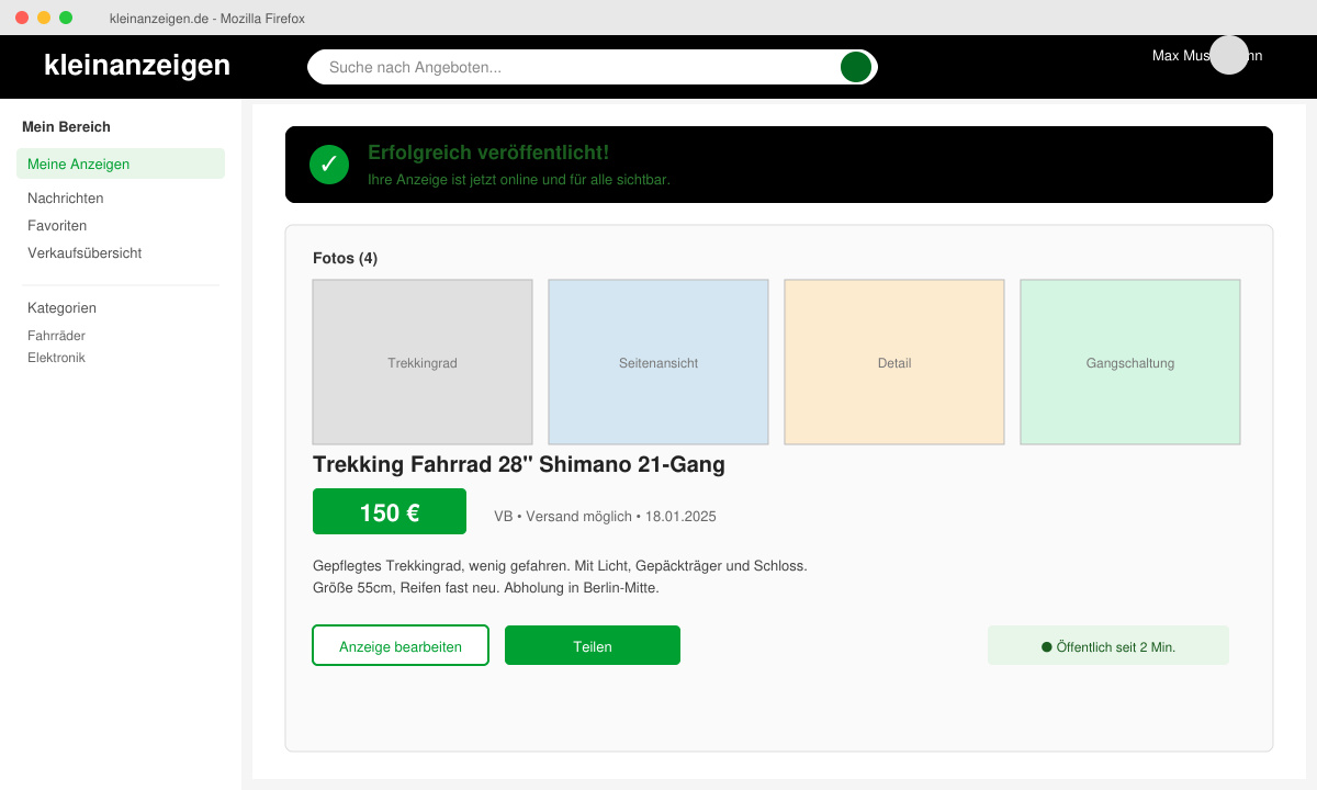Erfolgreich veröffentlichte Anzeige mit Fotos und Preis