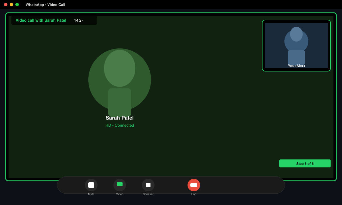 Successful WhatsApp video call in progress showing clear video feed of two participants
