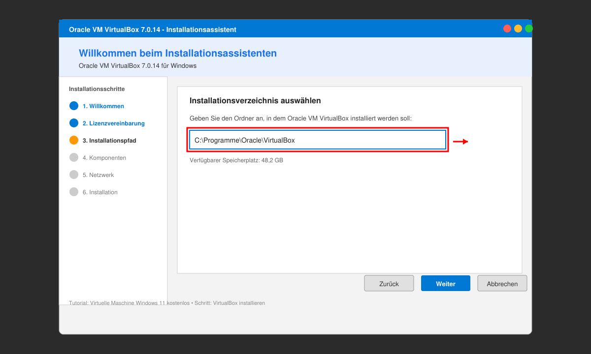 Screenshot des VirtualBox-Installationsassistenten mit markiertem Installationspfad