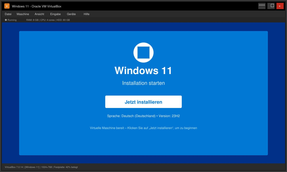 Windows 11 Installationsbildschirm innerhalb der laufenden VirtualBox-VM