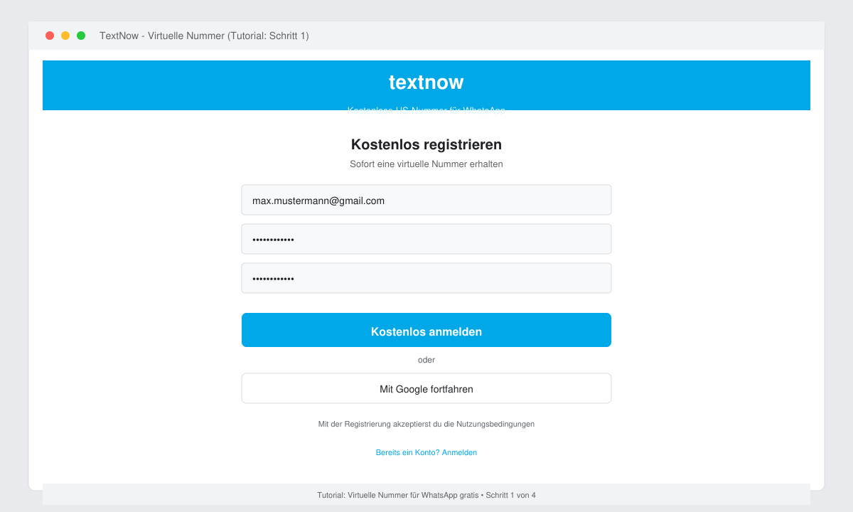 Screenshot des TextNow-App-Startbildschirms mit Registrierungsformular