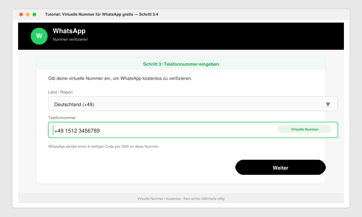 WhatsApp-Verifizierungsbildschirm mit eingegebener virtueller Nummer