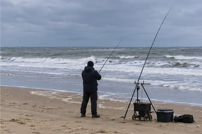 Kustvisser met hengels op een Noord-Hollands Noordzeestrand onder herfstachtige bewolking