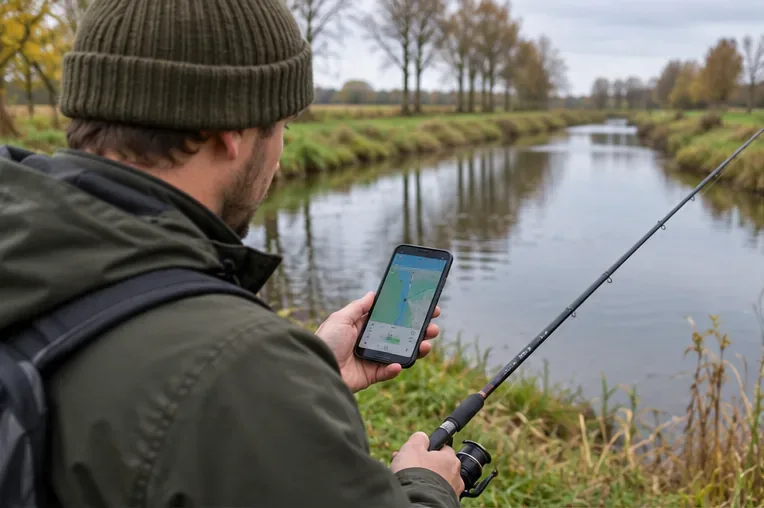 Sportvisser aan een Noord-Hollands binnenwater die vóór het vissen een digitale waterkaart controleert