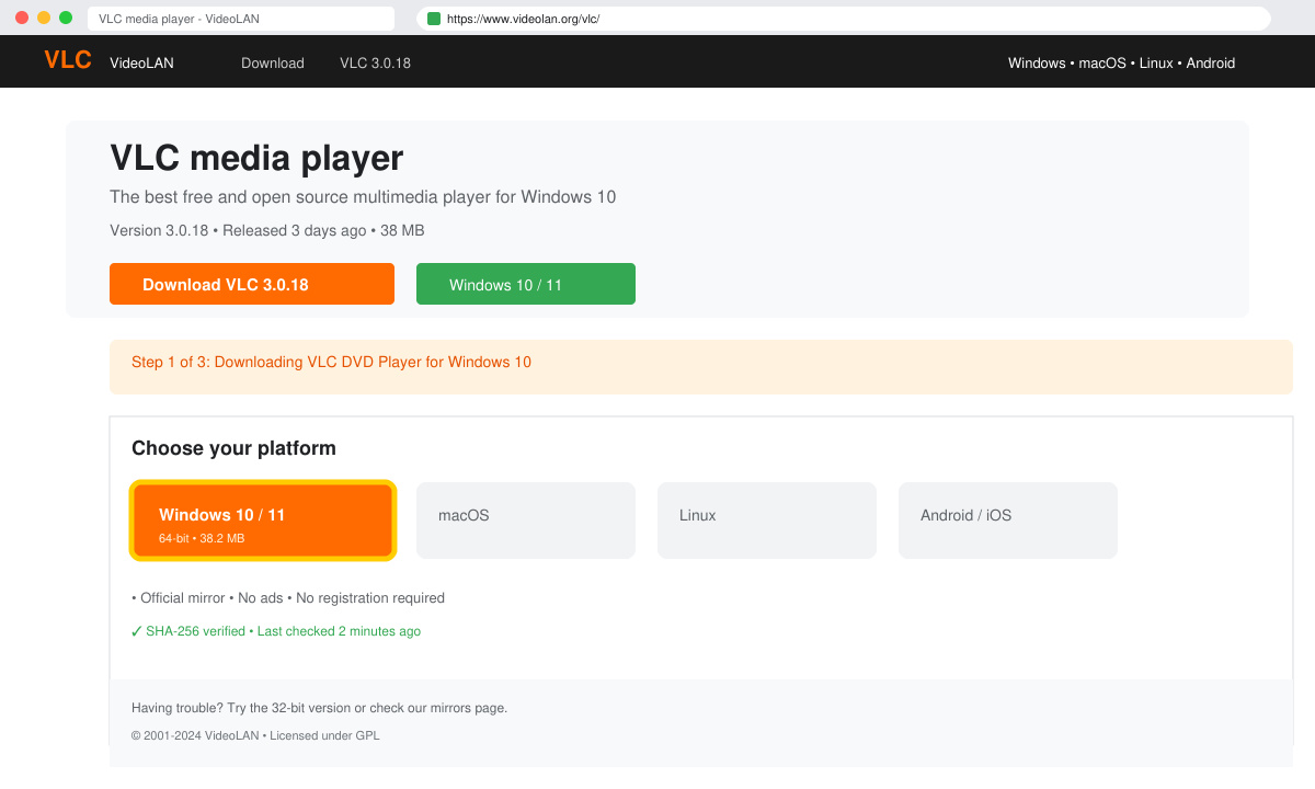 Official VLC download page for Windows 10