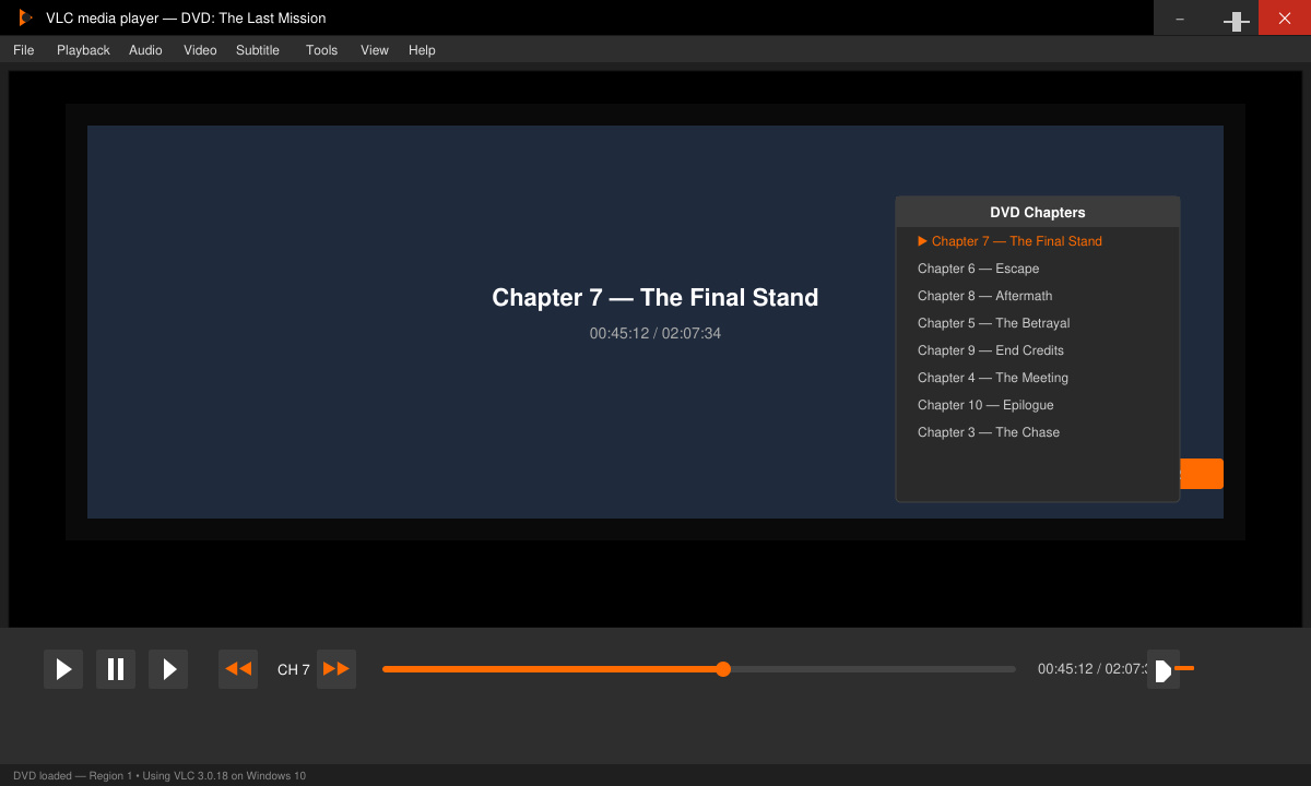 VLC playing a DVD menu on Windows 10