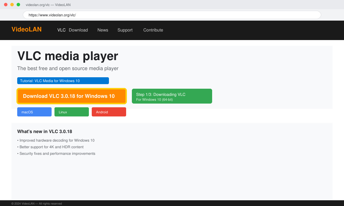 Screenshot of the official VideoLAN download page highlighting the VLC button for Windows 10