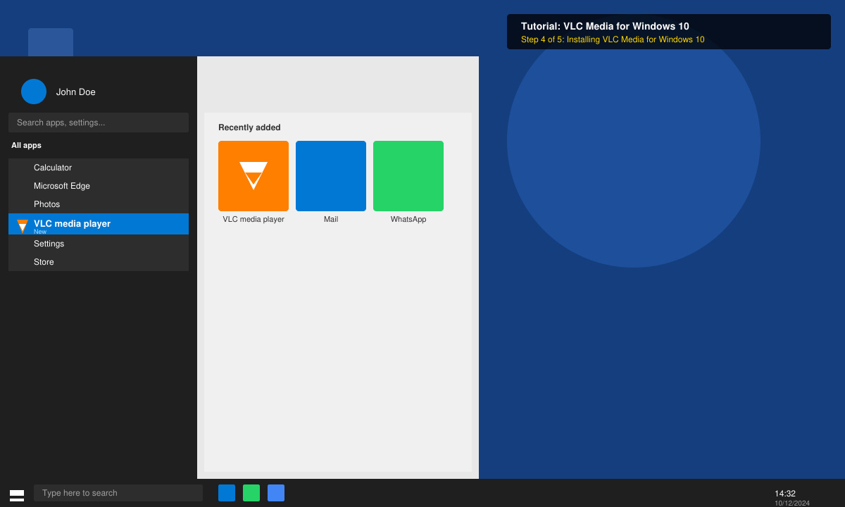 Windows 10 Start menu showing VLC Media Player pinned and ready to open
