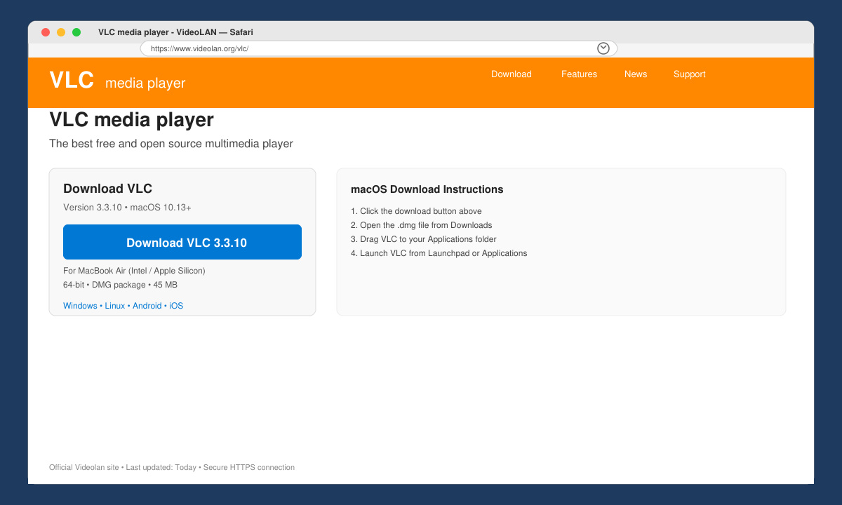Official VLC download page for macOS on a MacBook Air browser