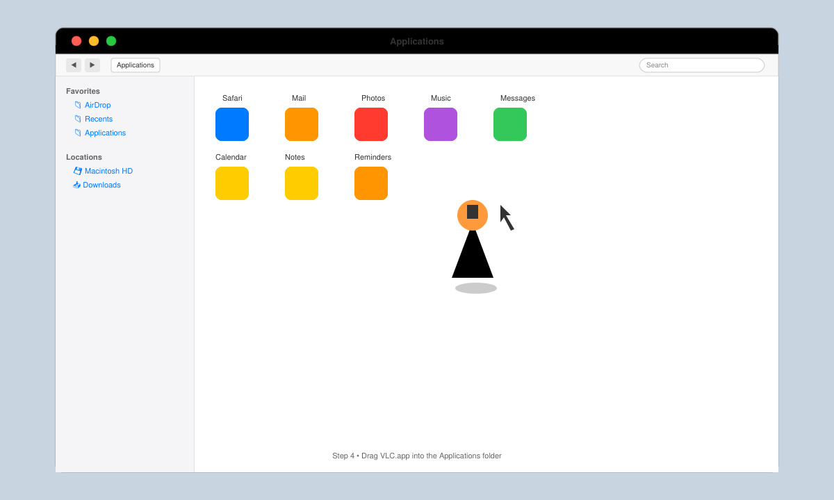 VLC Player Download Mac installation step with the app dragged into the Applications folder