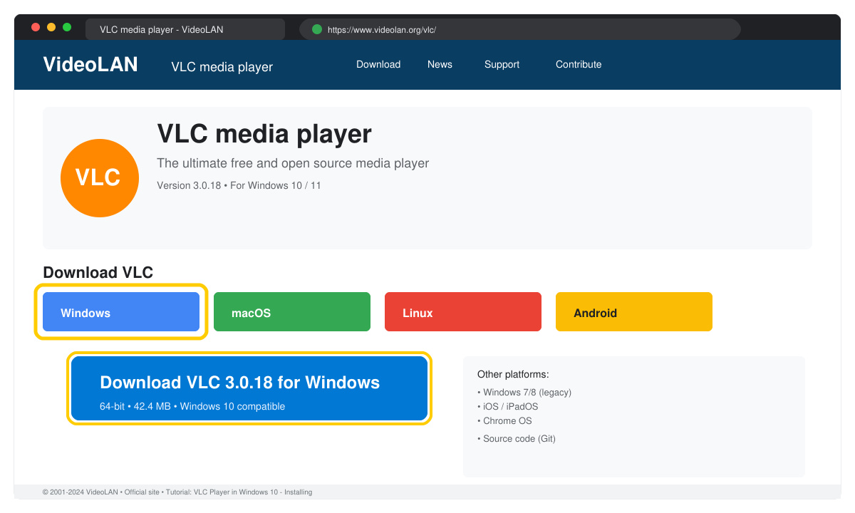 Screenshot of the official VideoLAN download page with the Windows download button highlighted