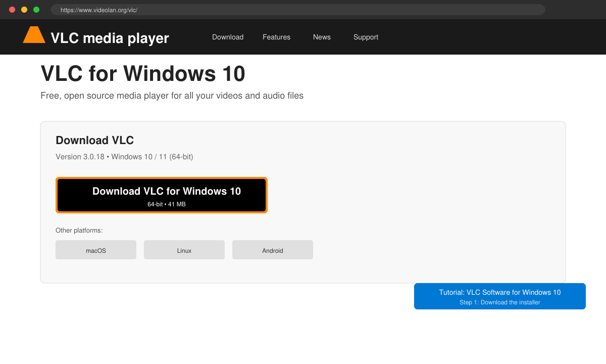 Screenshot of the VideoLAN download page with the Windows download button highlighted
