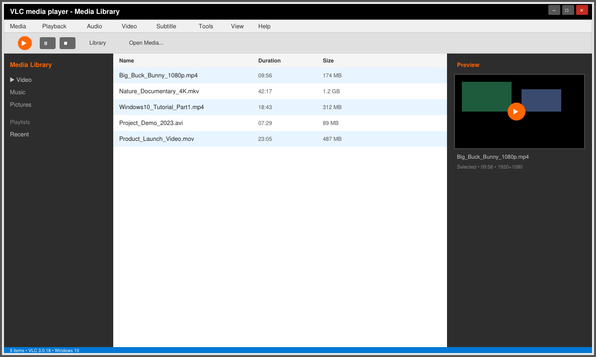 VLC player running on Windows 10 with the media library view open