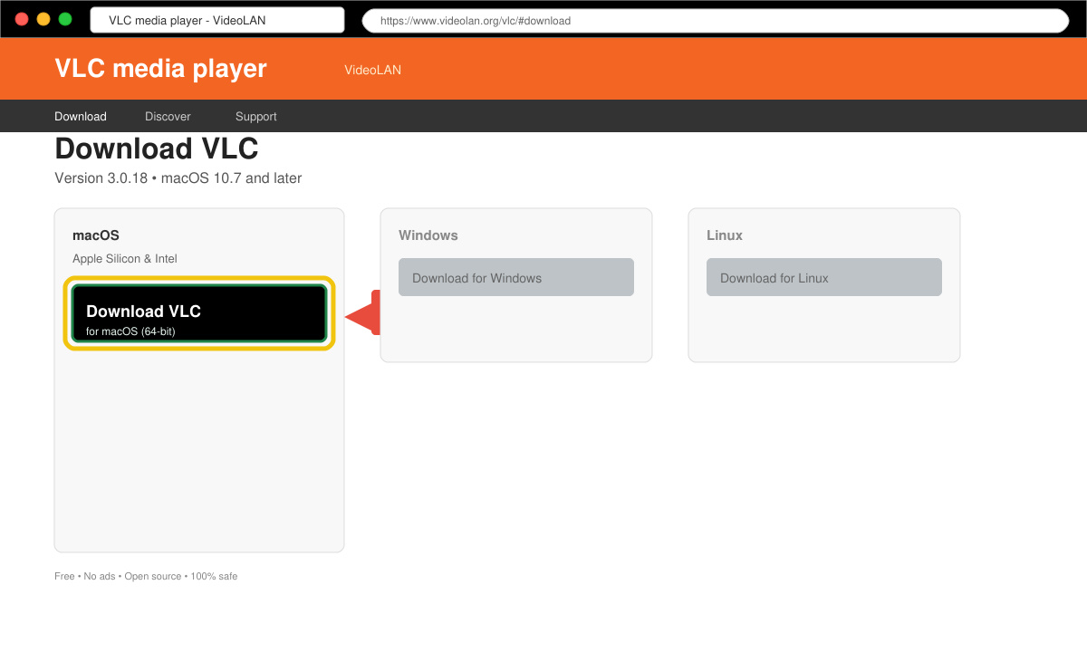 Screenshot of the official VLC download page highlighting the macOS download button