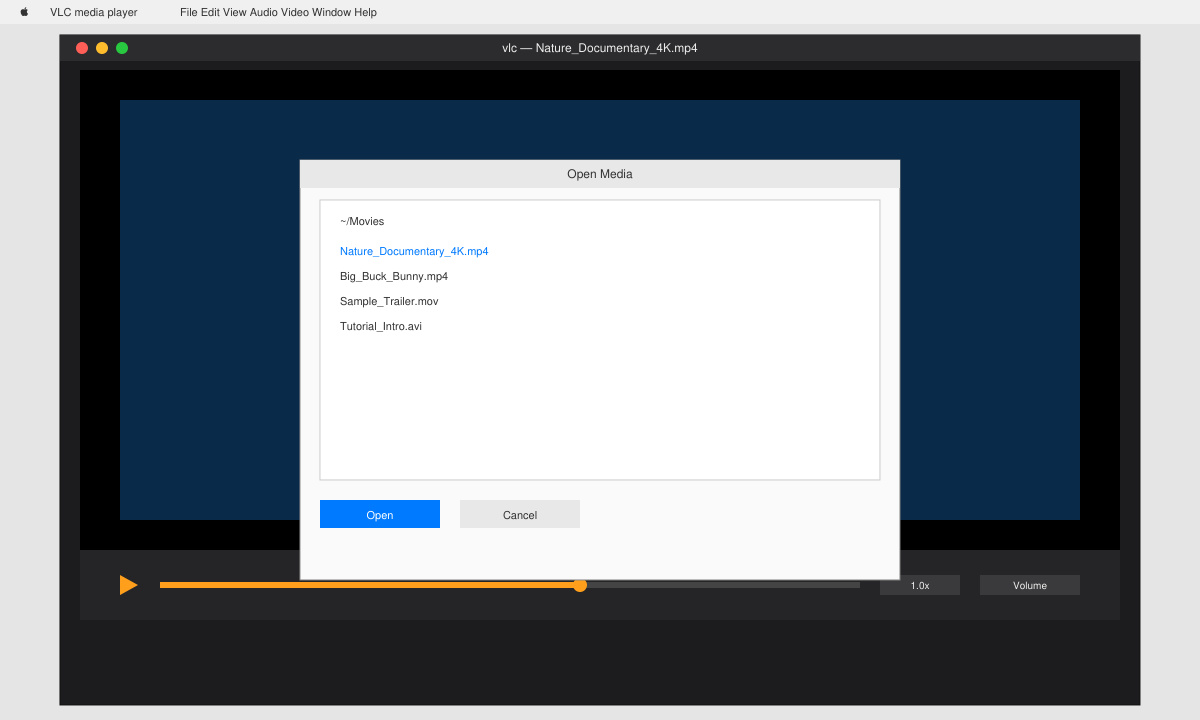 VLC Media Player running on Mac showing the open file dialog and a video loaded