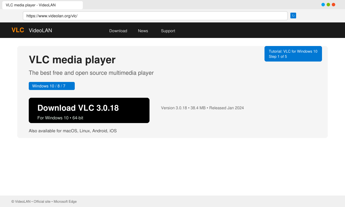 Screenshot of the official VLC download page with the download button highlighted