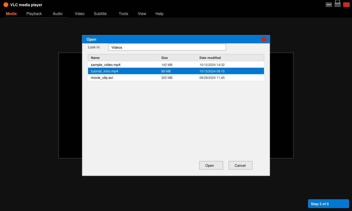 VLC Media Player main window open on Windows 10 showing the open file dialog