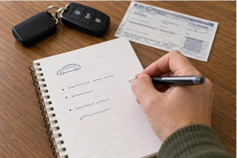 A person writes vehicle recall and appointment details in a notebook next to car keys and registration papers.