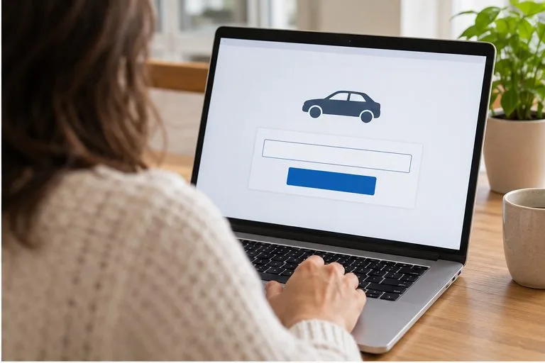 A person checks a vehicle recall on a laptop with a generic vehicle search form on screen.