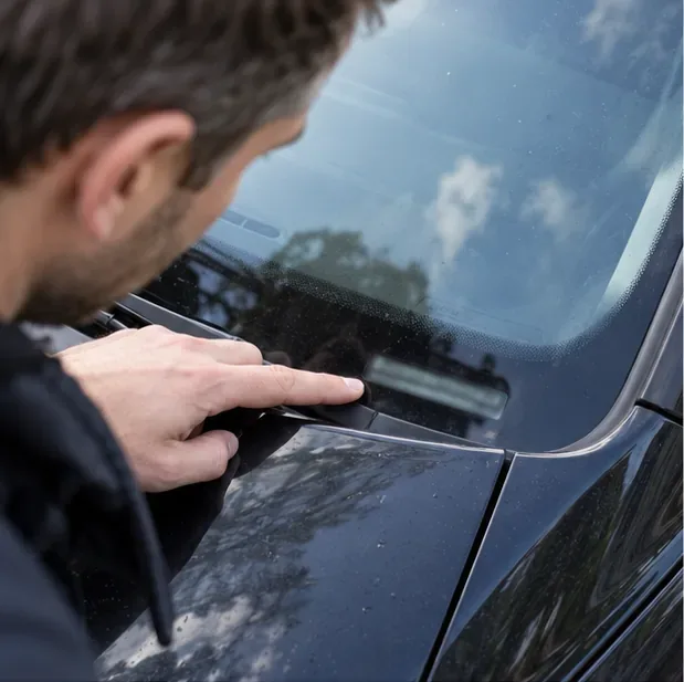 Eine Person zeigt auf den unteren Bereich der Windschutzscheibe eines geparkten Autos, wo die FIN ablesbar sein kann