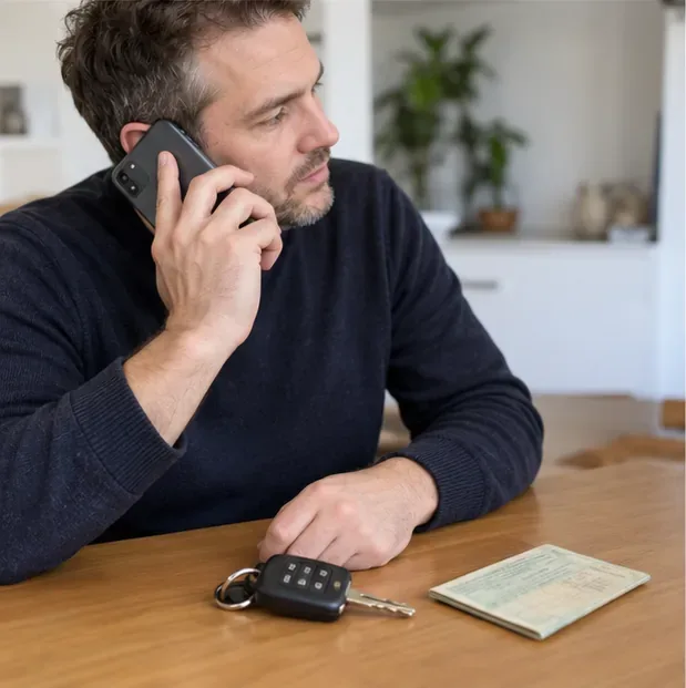 Ein Fahrzeughalter telefoniert an einem Tisch neben Autoschlüssel und Zulassungsdokument